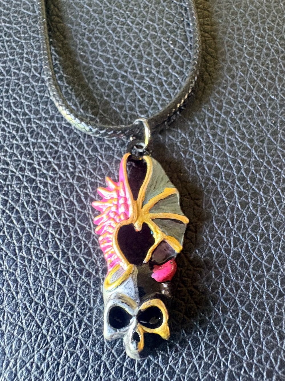Good and evil skull  pink and gold accent handpainted necklace with leather cord